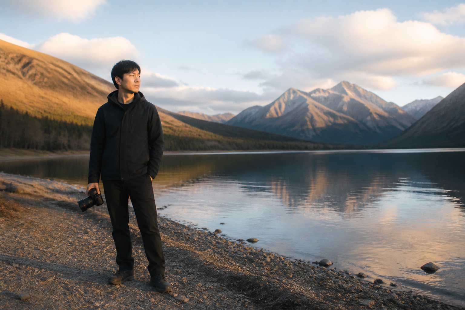 暖色山谷湖边，一位手持相机的人站在画面左侧，望向右侧远山