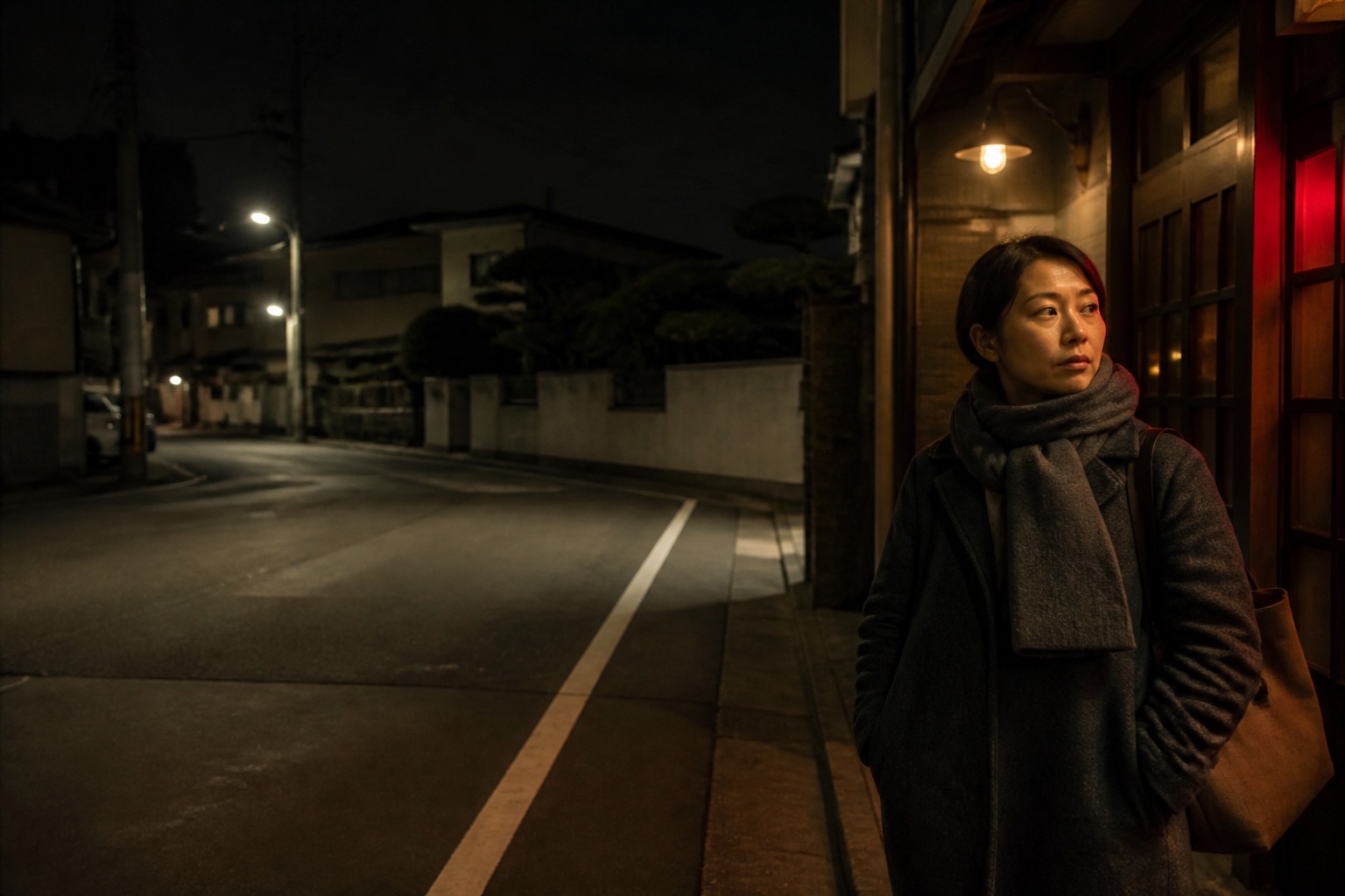 夜间安静街道旁，一位人物站在右侧暖色门灯下，左侧道路延伸至远处